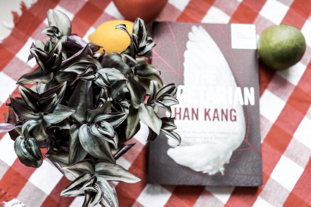 Von oben fotografierte Pflanze mit grün-lila Blättern, im Hintergrund unscharf das Buch "The Vegetarian" von Han Kang sowie eine Zitrone und eine Limette